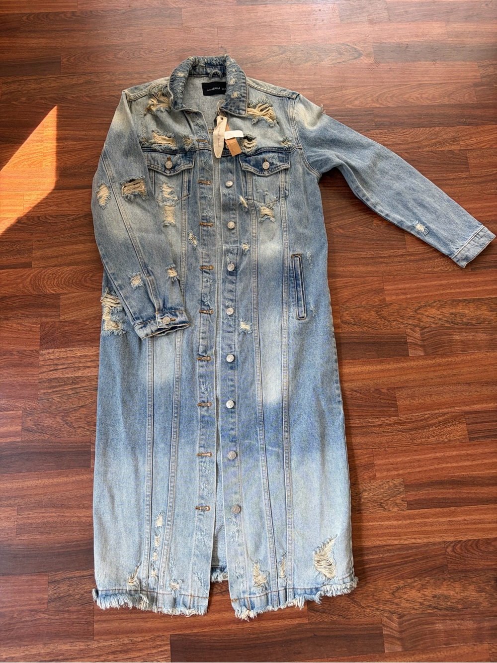 Mustard Seed NEW Distressed Denim Duster Long Maxi Trench Jean Coat Womens Small